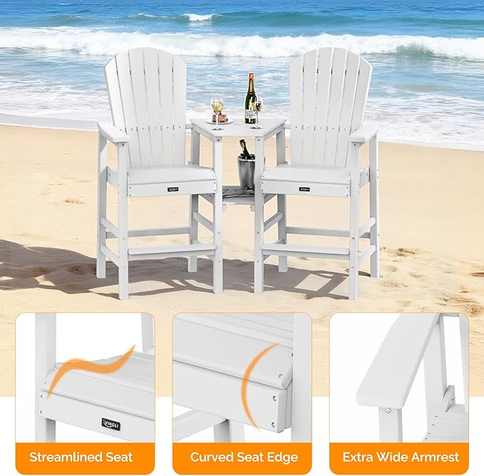 VINGLI Tall Adirondack Chairs Set of 2 with Dual Trays, All-Weather HDPE Outdoor BarStools Poly Deck Chairs for Patio, Poolside and Balcony (White)