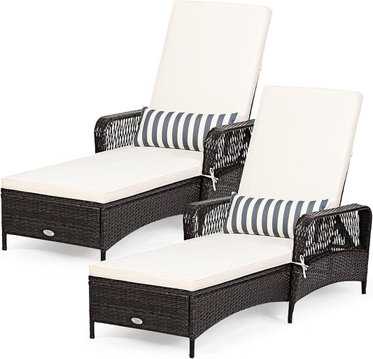 Tangkula Wicker Chaise Lounge Outdoor Set of 2, Patio Rattan Reclining Chaise with 6-Gear Adjustable Backrest, Thick Padded Cushion & Removable Lumbar Pillow, Pool Lounge Chairs for Outside Balcony