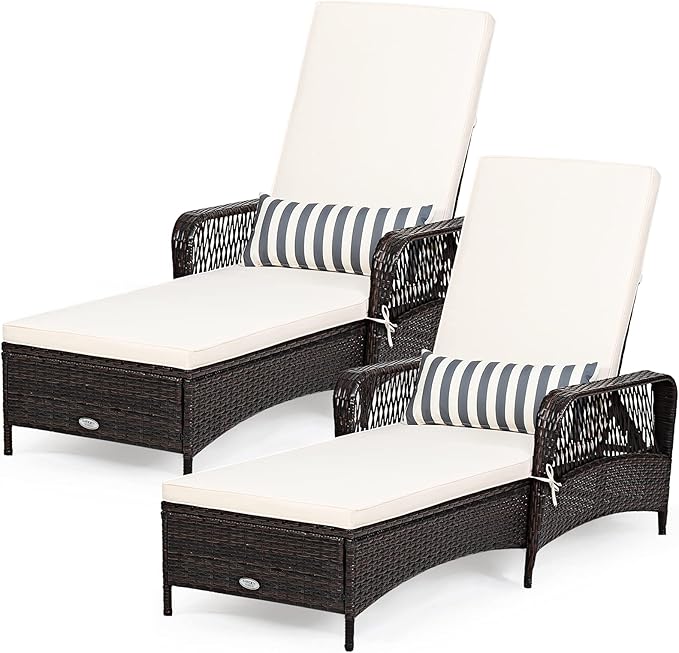 COSTWAY 2 PCS PE Rattan Chaise Lounge Chair Armrest Recliner Adjustable Pillow
