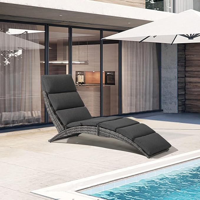JOIVI Patio Chaise Lounge, Outdoor Lounge Chair, PE Rattan Folding Chaise Lounger with Removable Dark Gray Cushion - Photo 1