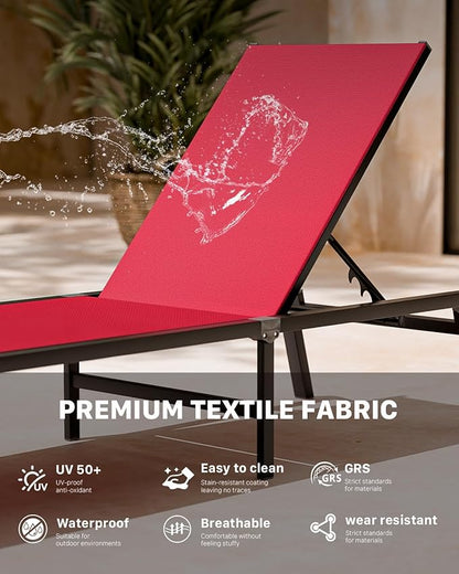 Aluminum Chaise Foldable Patio Lounge Chair Outdoor, Metal Deck Lounger Adjustable 5-Position Recliner Pool Chase Breathable Full Flat Outside Sun Tanning Chairs for Beach/Poolside/Lawn(Red, 2 Pack)