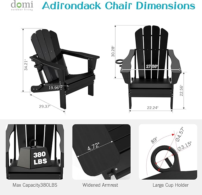 Domi Folding Adirondack Chair, HDPE All-Weather Adirondack Chairs with Cup Holder - Photo 3