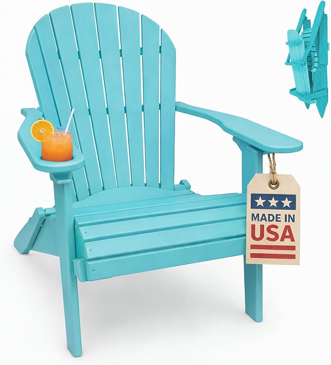 Ecommersify Folding Adirondack Chair with Cup Holder - (Aruba Blue) - Heavy Duty Recycled Poly Lumber Folding Chair - Amish Crafted Outdoor Furniture - Made in USA