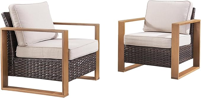 Rilyson Wicker Outdoor Patio Chairs Set of 2, Rattan Patio Furniture Chairs with Sturdy Frame,All-Weather PE Wicker,Wide Armrest,Deep Seating and Thick Cushions for Deck Porch Garden(Brown/Beige)