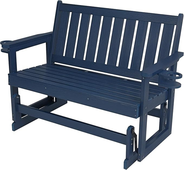 Poly Lumber Patio Glider, Durable HIPS Material, Weather-Resistant Swing Bench for Outdoor Porch Garden (Navy Blue - Photo 1