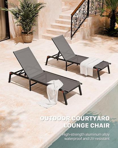 Aluminum Patio Chaise Lounge Chair Set of 2 with Side Table,5-Position Adjustable Backrest,Foldable Lounge Chair Outdoor,Pool Lounge Chairs for Poolside,Lawn,Deck,Beach (Grey, 2 Pack+Table)