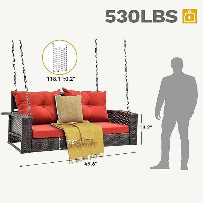 DWVO Hanging Porch Swing Chair Outdoor Wicker Rattan Patio Swing Lounge 2 Seats Cushions Capacity 530lbs for Balcony - Photo 6