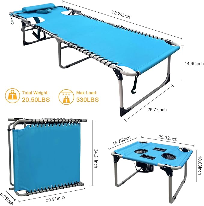 Backpack Sun Tanning Chair with Face Hole & Beach Table, 5-Position Adjustable Folding Lounge Chair Outdoor for Lawn Patio Garden