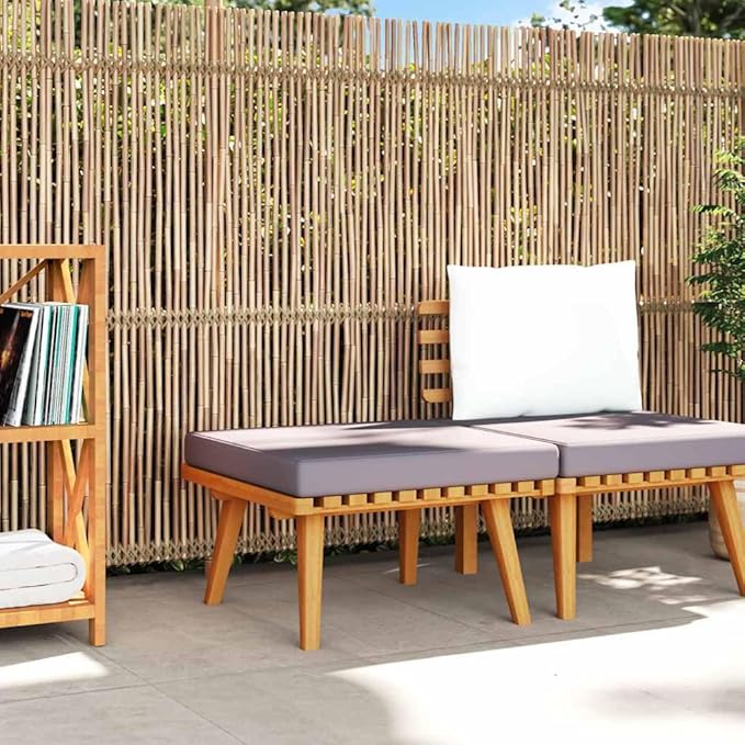 Natural Dark Grey Solid Acacia Wood Garden Footstool with Weather-Resistant Cushion for Outdoor Patio Porch Seating and - Photo 1