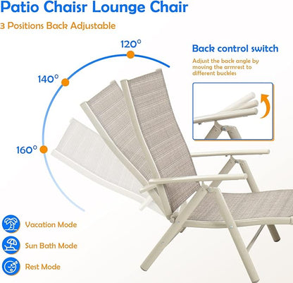 Devoko Lounge Chairs for Outside Patio Chaise Lounge Outdoor Poolside Adjustable Recliner Folding Lounge Chairs Set of 2 for Garden Beach (Beige)