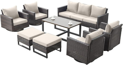 Rilyson Wicker Outdoor Patio Furniture Set - 8 Piece Patio Conversation Set with 4 Swivel Rocker Chairs,2 Rattan Ottoman,1 Couch and 1 Metal Coffee Table for Outside Porch Deck Backyard(Brown/Beige)