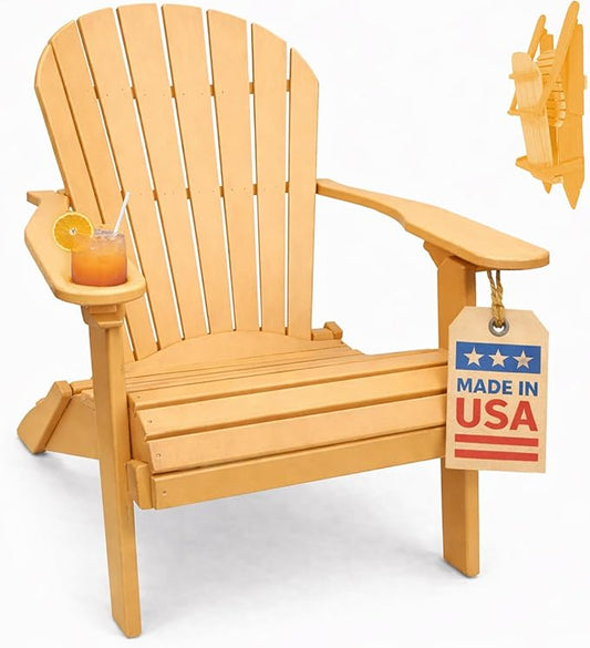 Ecommersify Folding Adirondack Chair with Cup Holder - (Cedar) - Heavy Duty Recycled Poly Lumber Folding Chair - Amish Crafted Outdoor Furniture - Made in USA