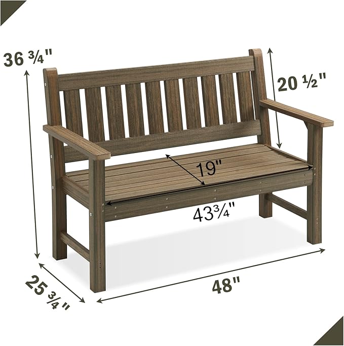 Outdoor Bench, 2-Person Garden Bench, Poly Lumber Patio Bench for Outdoors, Porch, and Park (Light Brown)