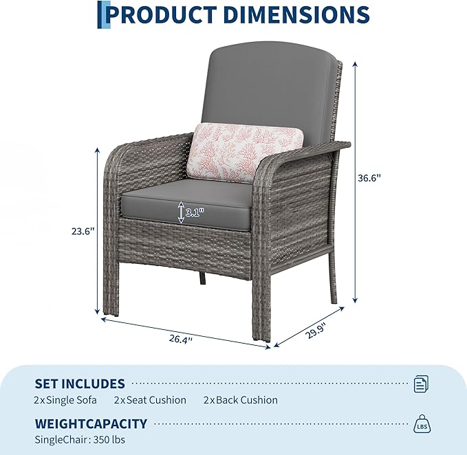 GarveeHome Outdoor Wicker Chairs Set of 2, All-Weather High Back Rattan Patio Furniture - Photo 2