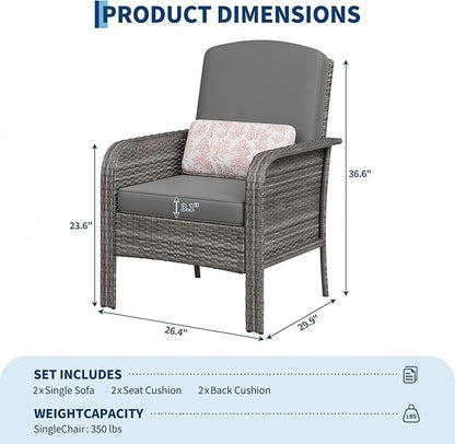 GarveeHome Outdoor Wicker Chairs Set of 2, All-Weather High Back Rattan Patio Furniture, 2-Piece Conversation Set with Comfy Cushions for Porch, Deck, Gray, Blue Cushion