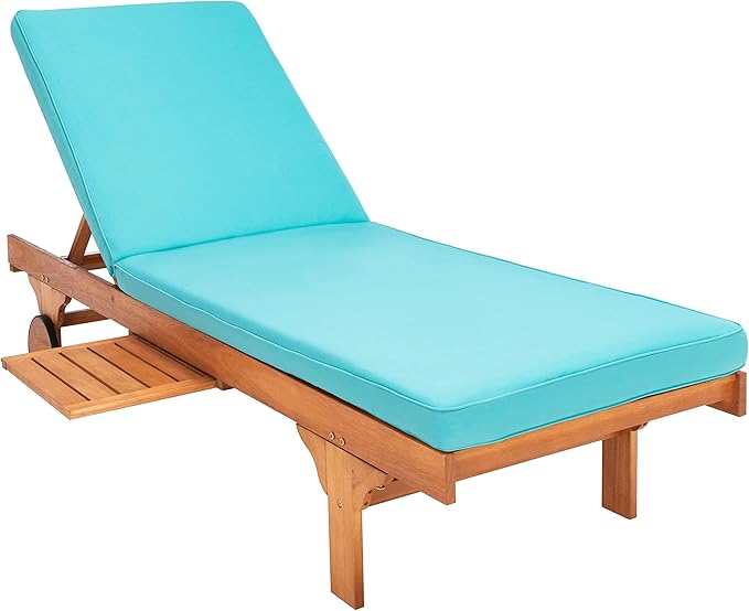 SAFAVIEH Outdoor Collection Newport Natural/ Aqua Cushion Built-in Side Table Adjustable Chaise Lounge Chair - Photo 3
