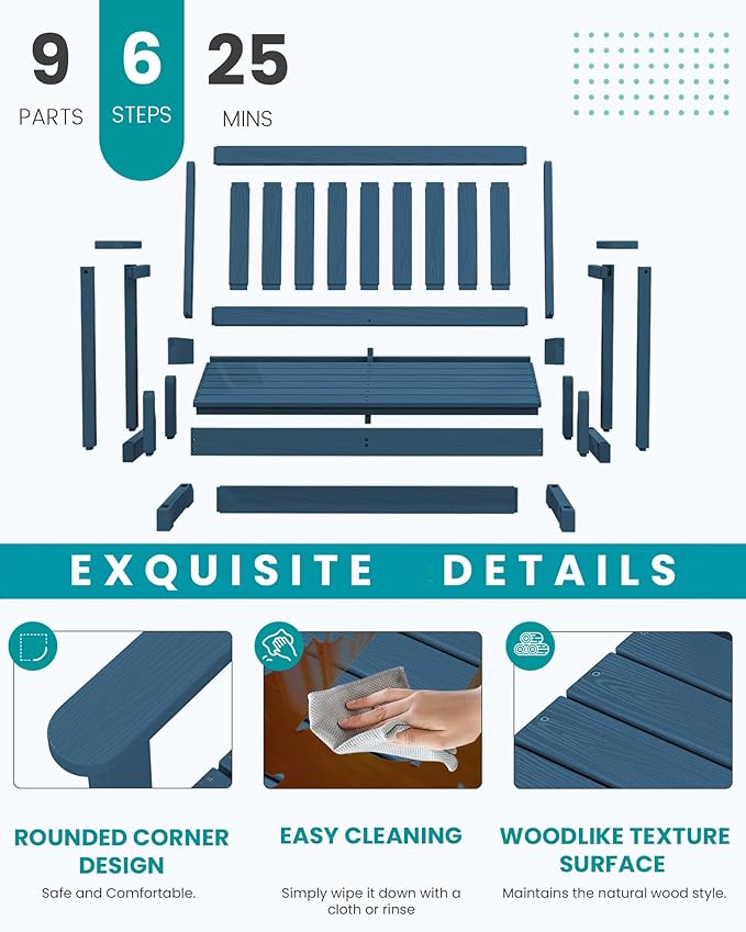 SERWALL Outdoor Glider Bench Set of 2, HDPE Weather-Resistant Swinging Bench for Backyard Garden Porch, Deep Navy - Photo 5