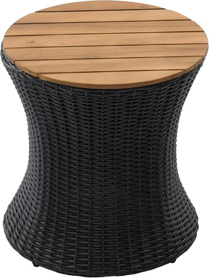 Christopher Knight Home Fenton 17.5" Outdoor Side Table, Round Patio End Table with Wood Top and Wicker Base, Small Outdoor Coffee Table for Balcony Garden Poolside, Accent Garden Stool, Black+Natural