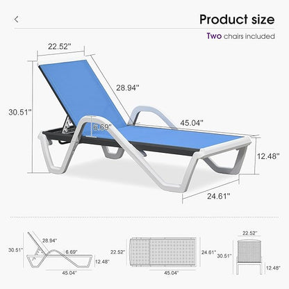 PURPLE LEAF Patio Chaise Lounge Set of 2 Plastic Pool Outdoor Lounge Chair with Armrest Stackable Poolside Tanning Chairs for Beach Deck Yard Sunbathing, Royal Blue