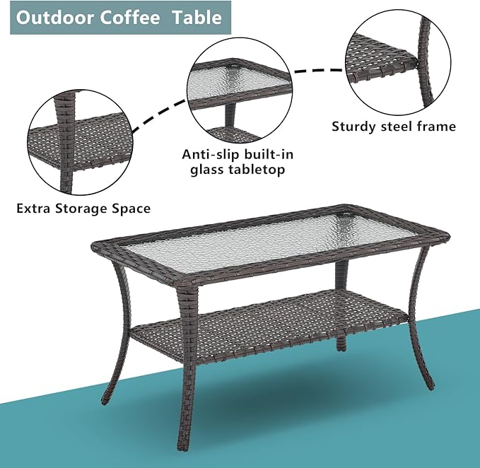 Rilyson Patio Tables Outdoor Coffee Table - Wicker Rattan Coffee Tables with 2-Tier Storage Shelf Glass Top for Outside - Photo 5
