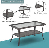 Rilyson Patio Tables Outdoor Coffee Table - Wicker Rattan Coffee Tables with 2-Tier Storage Shelf Glass Top for Outside - Photo 5