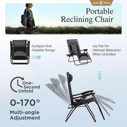 Sophia & William Oversized XL Zero Gravity Recliner Chair Set of 2 Padded, Folding Reclining Lounge Chair with Wide Armrest and Cup Holder, Support 400 LBS, Black