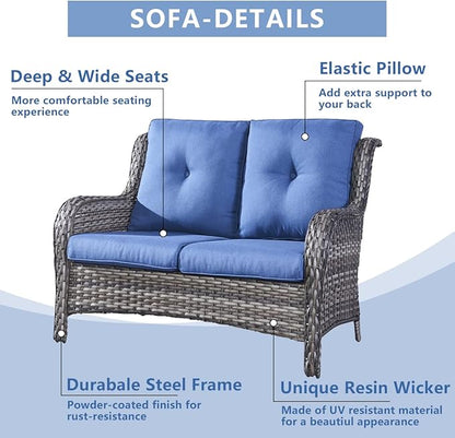 HUMMUH 4 Piece Patio Conversation Furniture Set PE Wicker Rattan Outdoor Loveseat Sofa,Patio Chairs,Coffee Table for Garden,Poolside,Backyard,Deck
