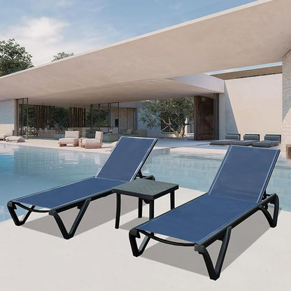 Domi Pool Lounge Chair Set of 3, Aluminum Outdoor Chaise Lounge with Side Table,5 Position Adjustable Backrest and Wheels, Outdoor Lounge Chairs for Pool, Garden, Beach, Backyar, Navy Blue