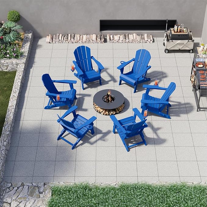 Folding Adirondack Chairs with Cup Holders, Set of 6 HDPE Plastic Outdoor Chairs, Weather Resistant, Real Wood Look - Photo 2