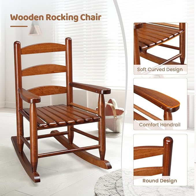JOYMOR Outdoor Wooden Rocking Chair for Kids with High Backrest, Toddler Rocker Weather, Patio Rocker Chair Suitable for Porch, Garden, Balcony