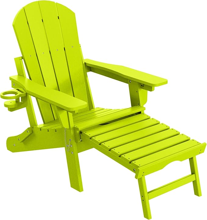 WestinTrends Malibu Folding Adjustable Adirondack Chair with Retractable Ottoman and Cup Holder (Set of 2), Lime - Photo 4