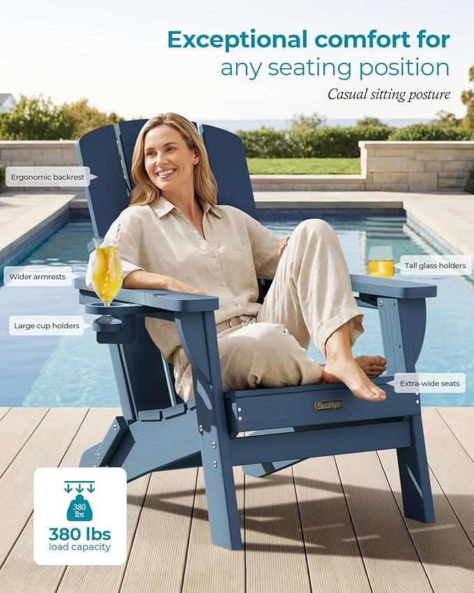 Folding Adirondack Chair 1 Pack, HDPE All-Weather Fire Pit Chairs, Plastic Adirondack Chairs with 2 Cup Holder, Outdoor Lawn Chair for Patio Garden (New Blue)