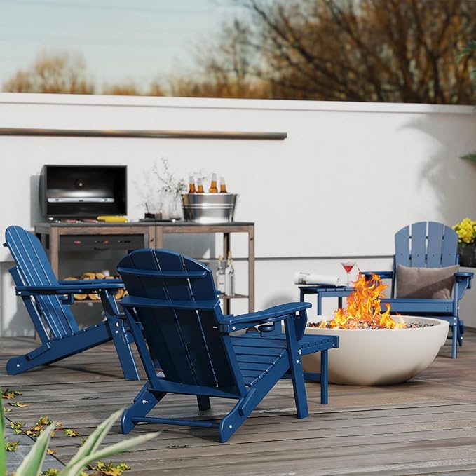 GREENVINES Adjustable Adirondack Chair with Retractable Ottoman Set of 4 | Folding | HDPE Plastic | Fire Pit Chairs w/Foot Rest | 2 Cup Holders | Blue | for Outdoor Patio Poolside Deck