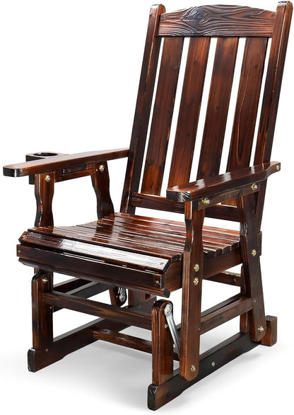 VINGLI Wooden Patio Glider, Heavy Duty 600 LBS Outdoor Glider with Cup Holders, Single Wooden Glider Bench with High Backrest for Garden, Yard, Patio, Rustic