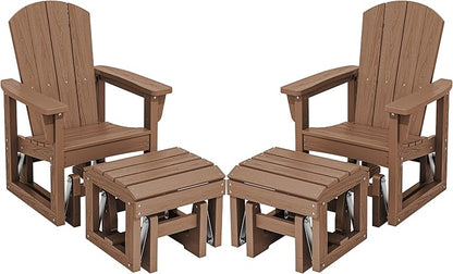 SERWALL Outdoor Glider Chair Set of 2 with Ottoman, HDPE Wood-Like Patio Glider Set All-Weather Porch Glider for Outside, Brown