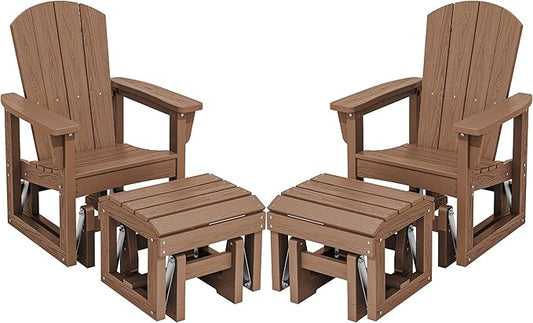 SERWALL Outdoor Glider Chair Set of 2 with Ottoman, HDPE Wood-Like Patio Glider Set All-Weather Porch Glider for Outside, Brown