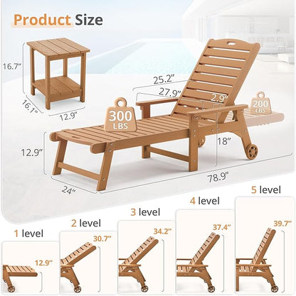 LUE BONA HDPS Chaise Lounge Chair with Table, 2-Piece, Outdoor Pool Lounge Chairs with Adjustable Backrest, Resin Patio Lounge Chairs with Wheels for Outside, Teak Color