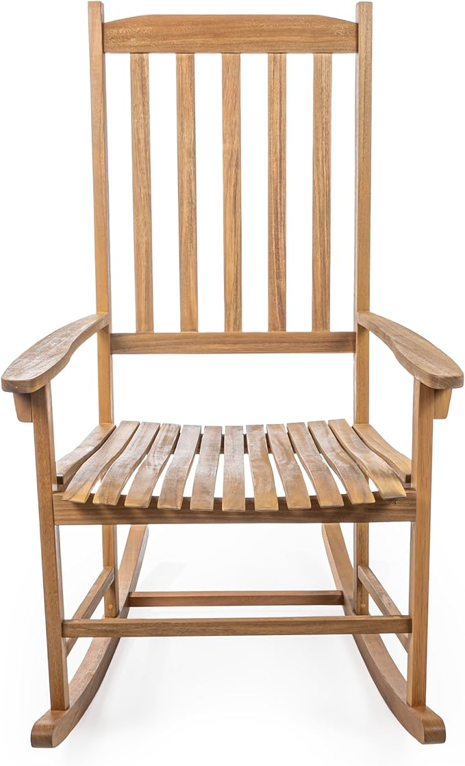 Eyely KCR300A Orvindar Farmhouse Classic Slat-Back 350-LBS Support Acacia Wood Outdoor Rocking Chair, Teak Brown