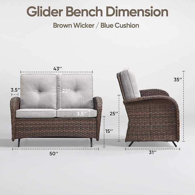 Patio Loveseat Wicker Loveseat Rattan Glider Sofa with Curved Armrest Thicking Back & Seat Cushions for Garden Balcony Backyard Brown Wicker|Beige Cushions (B) Patio Loveseat Glider