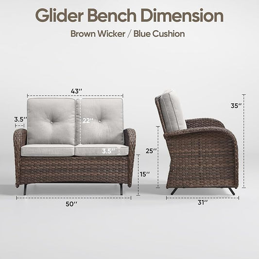 Patio Loveseat Wicker Loveseat Rattan Glider Sofa with Curved Armrest Thicking Back & Seat Cushions for Garden Balcony Backyard Brown Wicker|Beige Cushions (B) Patio Loveseat Glider