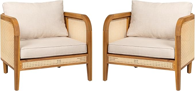 Christopher Knight Home Set of 2 Tilden Bohemian Acacia Wood Patio Accent Chairs, Wicker Lounge Chair Outdoor, Patio Furniture Single Sofa with Cushion, Comfy Garden Reading Chair, Teak+Beige