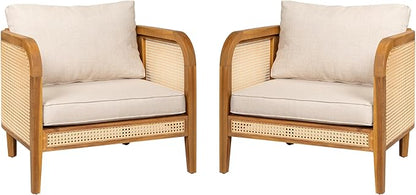 Christopher Knight Home Set of 2 Tilden Bohemian Acacia Wood Patio Accent Chairs, Wicker Lounge Chair Outdoor, Patio Furniture Single Sofa with Cushion, Comfy Garden Reading Chair, Teak+Beige