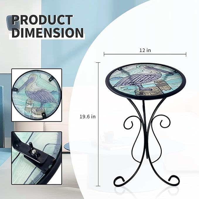 LIFFY Outdoor Side Table, 12" Glass Pelican Tabletop Patio Tables with Metal Frame - Photo 3