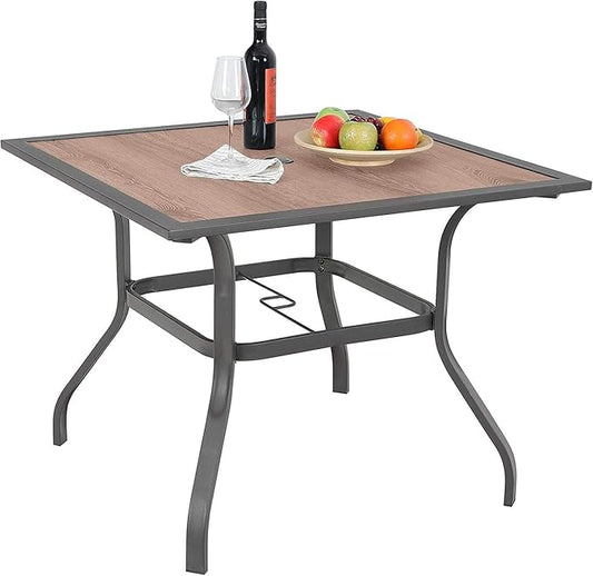 Sophia & William Square Patio Dining Table with 1.57" Umbrella Hole, Outdoor Table with Imitation Wood Tabletop and Brown Metal Steel Frame, for Lawn Garden Backyard, L37 X W37 X H28