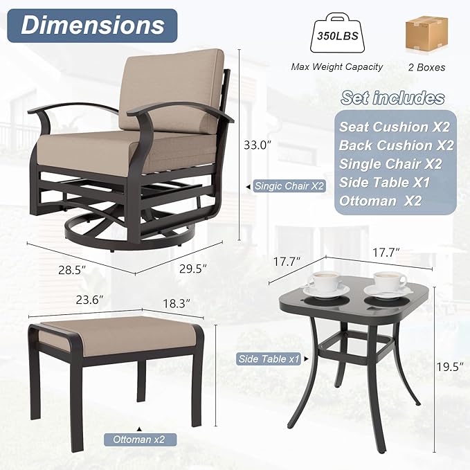 Kurapika 5 Pieces Patio Furniture Set, Outdoor Aluminum Swivel Gliders Rocker, Patio Bistro Set Rocking Chair with Thickened Cushions and Side Table(Sand)