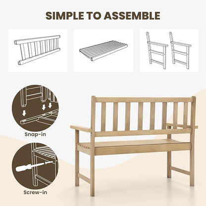 Tangkula Outdoor Teak Wood Garden Bench, 2-Person Patio Bench with Backrest and Armrests, Patio Garden Bench with Slatted Seat for Porch, Lawn, Balcony and Backyard