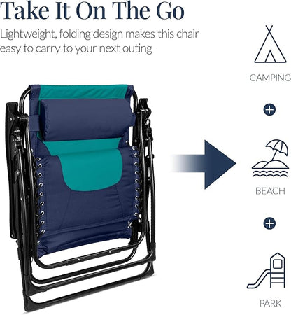Best Choice Products Oversized Padded Zero Gravity Chair, Folding Outdoor Patio Recliner, XL Anti Gravity Lounger for Backyard w/Headrest, Cup Holder, Side Tray, Polyester Mesh - Navy/Teal