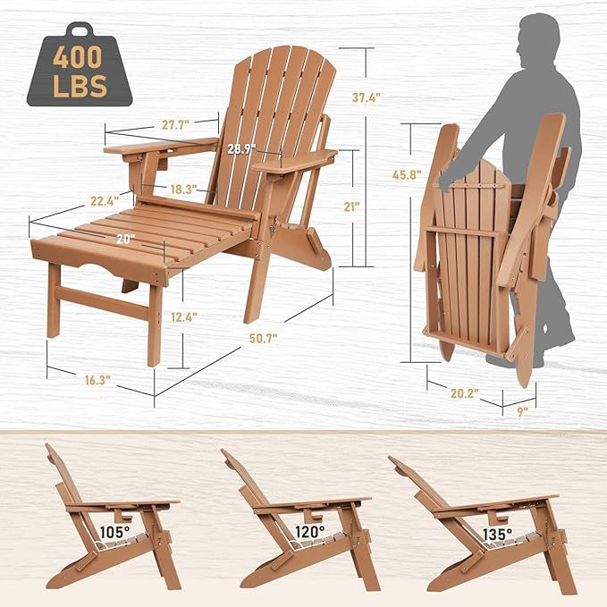 FUNBERRY Adjustable Folding Adirondack Chairs Set of 4 with Retractable Ottoman, All Weather Fire Pit Chairs with Cup Holder