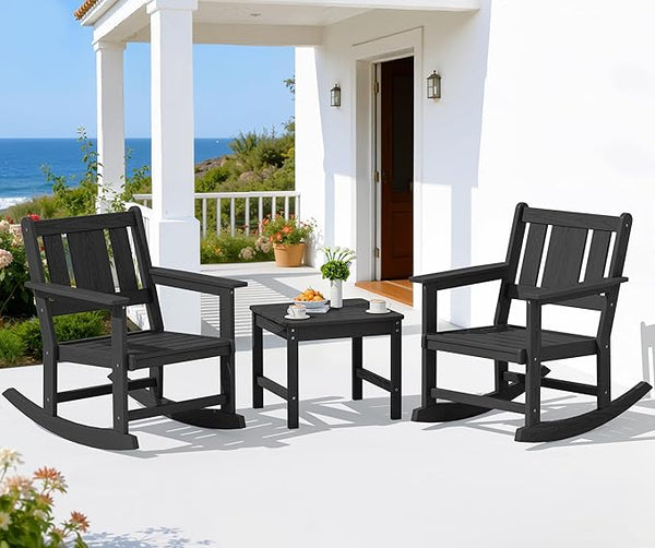 SERWALL Outdoor Rocking Chair Set of 2 with Side Table, All-Weather HDPE 3 Piece Patio Furniture Set - Photo 1