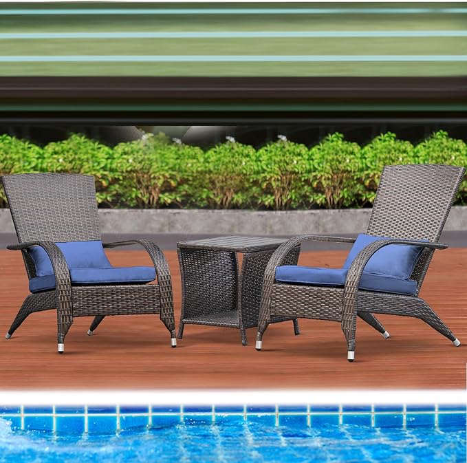 Outdoor Wicker Adirondack Chairs Set 2 Rattan Fire Pit Chairs Oversized Comfy Relax Accent Patio Chairs with Soft Cushion Low Deep Seating Tall Curved Backrest for Outside Backyard Deck Porch Navy